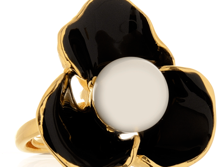 KENNETH JAY LANE BLACK FLOWER Pearl Ring For Discount