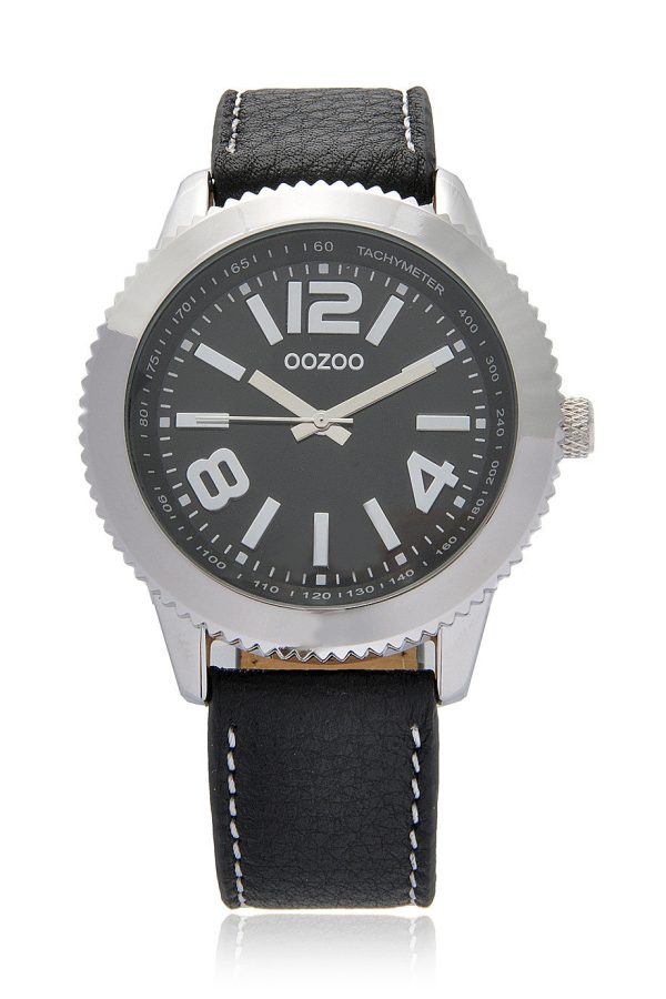 C3844 Silver Wheel Black Leather Watch Discount