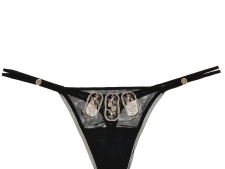 ROSE Embroidered Black Thong on Sale