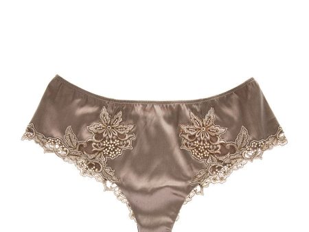 COTTON CLUB NOTORIOUS Taupe Silk Floral Thong For Sale