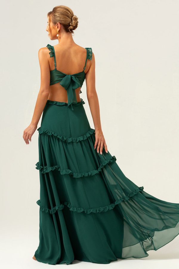 Dark Green A-Line Chiffon Ruffled Long Bridesmaid Dress with Hollow Out Supply