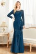 Sparkly Ink Blue Appliques Beads Long Sleeves Round Neck Mother Of The Bride Dress For Sale