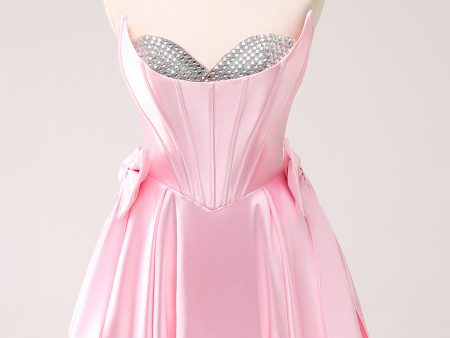 Pink A Line Strapless Corset Beaded Homecoming Dress with Bows For Cheap