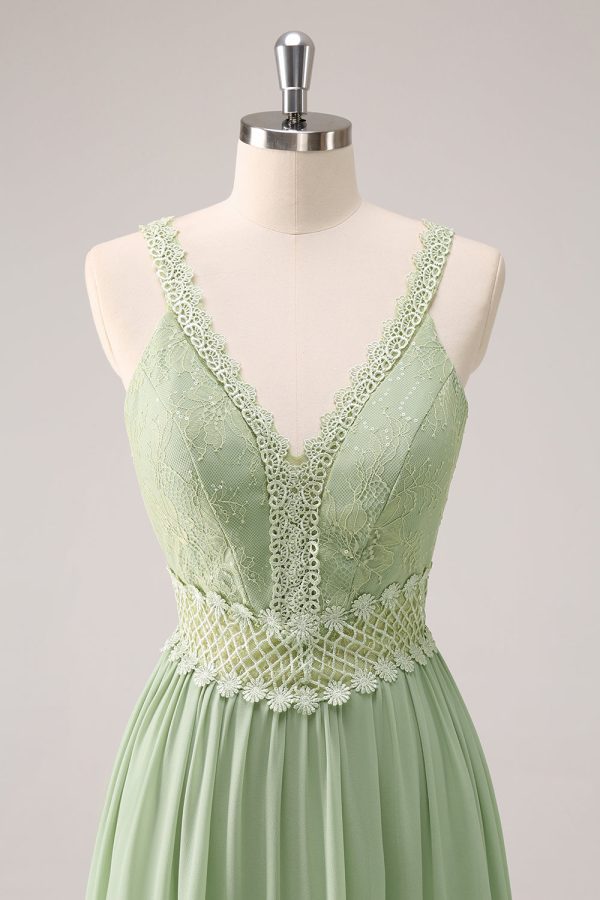 Green Ruffled Floral Bridesmaid Dress with Lace For Cheap