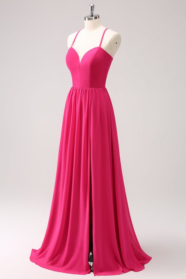 Fuchsia Spaghetti Straps Chiffon Long Bridesmaid Dress with Slit Fashion