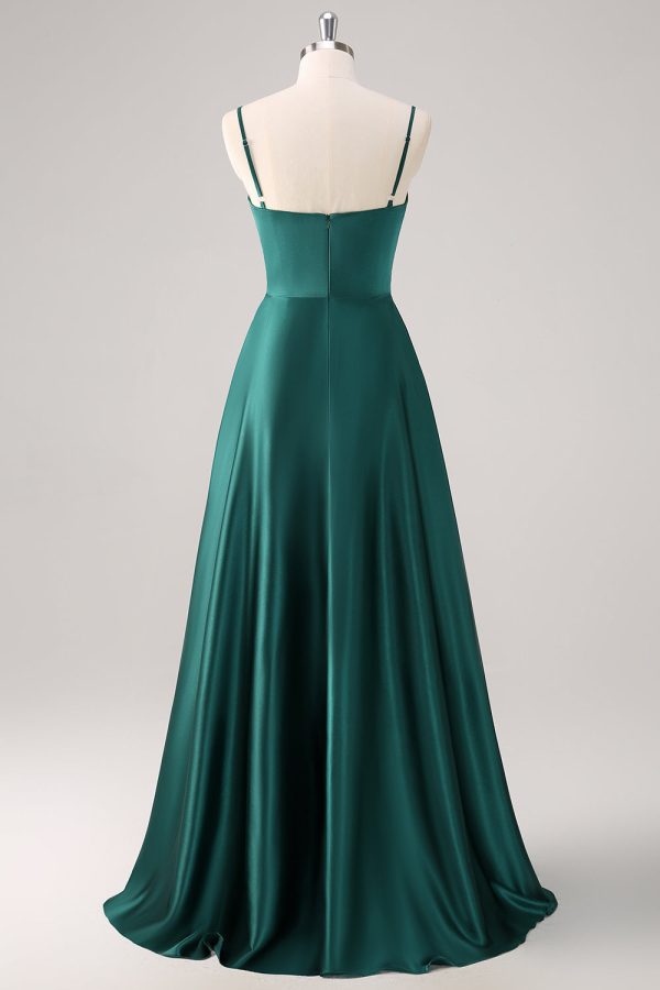 Dark Green A-Line Spaghetti Straps Satin Ruched Long Bridesmaid Dress Supply