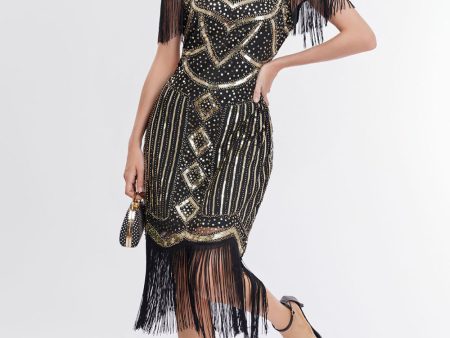 Black Golden Cold Shoulder Fringes 1920s Gatsby Dress Cheap