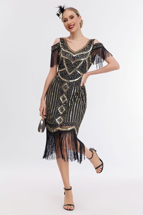 Black Golden Cold Shoulder Fringes 1920s Gatsby Dress Cheap