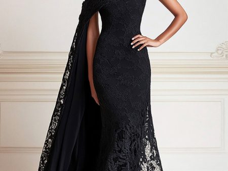 Black Mermaid One Shoulder Lace Long Mother of the Bride Dress with Side Shoulder Cape Online now