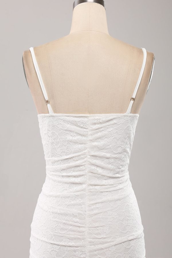 Cute Spaghetti Straps Bodycon Pleated Lace Short White Graduation Dress Online now