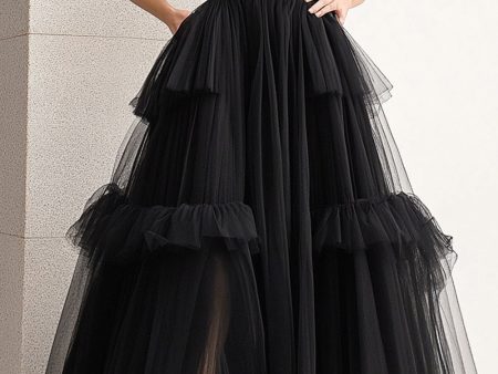 Black A Line Spaghetti Straps Ruffles Tulle Long Prom Dress Fashion