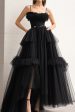 Black A Line Spaghetti Straps Ruffles Tulle Long Prom Dress Fashion