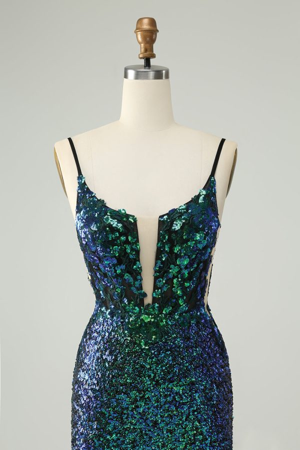 Sparkly Dark Green Spaghetti Straps Tight Short Homecoming Dress with Sequins Supply