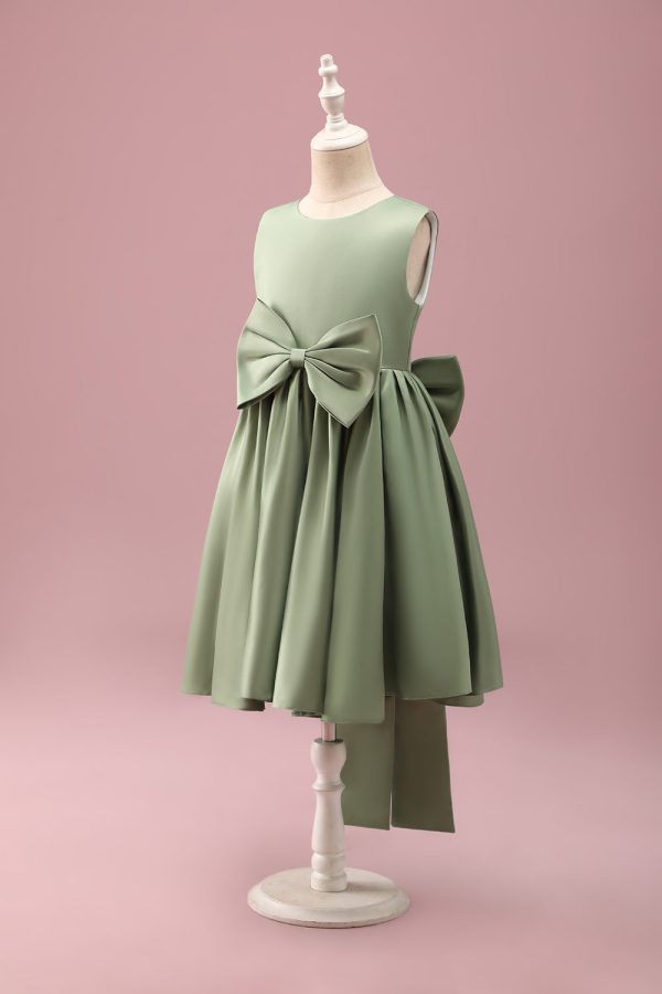 Grey Green A-Line Round Neck Satin Flower Girl Dress with Bow Online