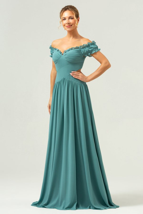 A-Line Off The Shoulder Pleated Chiffon Green Long Bridesmaid Dress Cheap