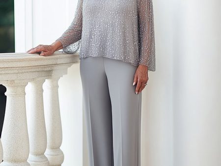 Sparkly Grey Sequined Top Long Sleeves Chiffon Formal Jumpsuit Online now