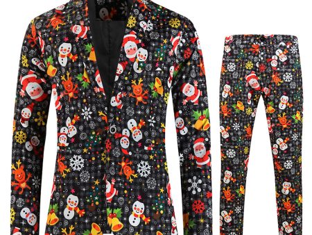 Black Notched Lapel Snowmen Printed Christmas Slim Fitted Men Suits For Discount