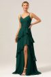 Dark Green A-Line Spaghetti Straps Chiffon Long Bridesmaid Dress with Ruffles Online Sale