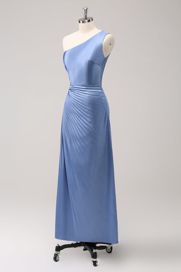 Blue One Shoulder Satin Keyhole Long Bridesmaid Dress Discount