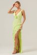 Lime Sheath Deep V Neck Backless Long Bridesmaid Dress with Ruffle Slit Supply