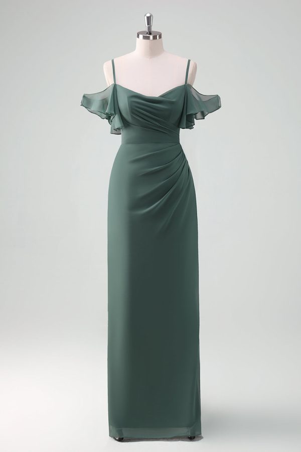 Eucalyptus Spaghetti Straps Sheath Long Chiffon Bridesmaid Dress For Sale