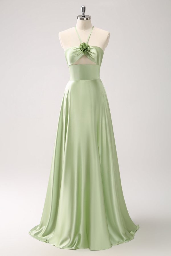 Light Green A-Line Halter Hollow Out Satin Bridesmaid Dress with Flower Online Hot Sale