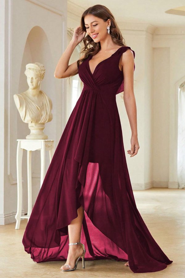 A-Line Burgundy V-Neck Chiffon High Low Prom Dress For Discount