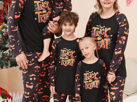 Black Trick or Treat Printed Halloween Family Pajamas Set Online now