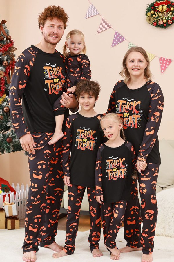 Black Trick or Treat Printed Halloween Family Pajamas Set Online now