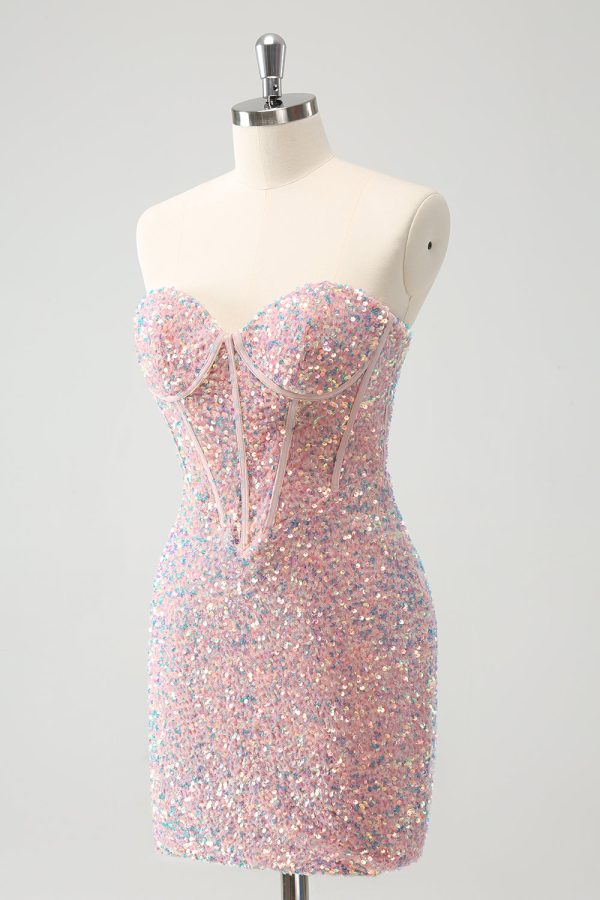 Sparkly Strapless Light Pink Tight Short Homecoming Dress with Sequins on Sale