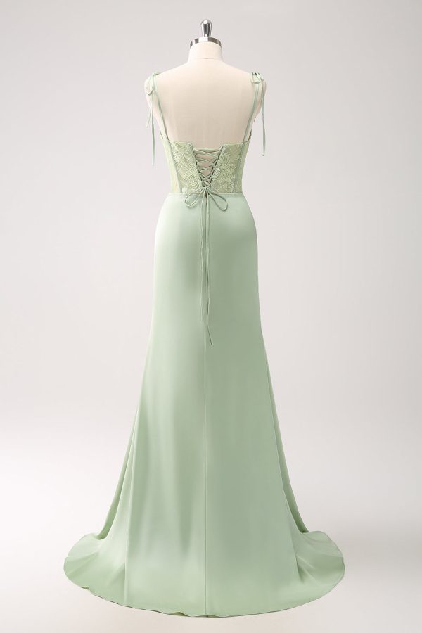 Green Mermaid Spaghetti Straps Satin Long Bridesmaid Dress with Slit Online Sale