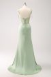 Green Mermaid Spaghetti Straps Satin Long Bridesmaid Dress with Slit Online Sale