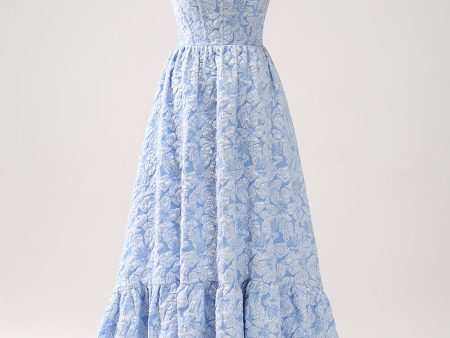 Blue Floral Strapless A-Line High Low Bridesmaid Dress For Discount