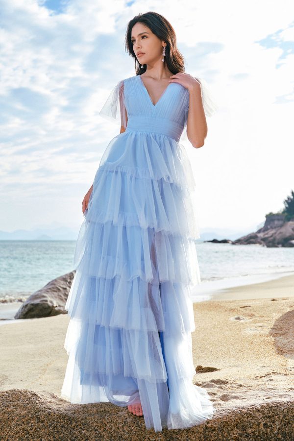 Grey Blue A-Line V Neck Tulle Long Tiered Bridesmaid Dress with Slit Hot on Sale