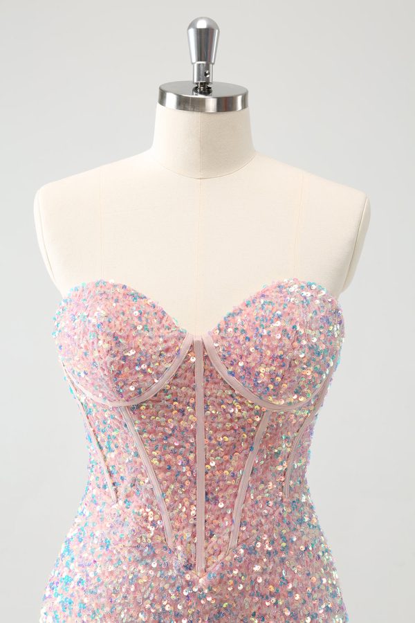 Sparkly Strapless Light Pink Tight Short Homecoming Dress with Sequins on Sale