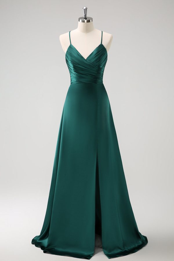 Dark Green A-Line Ruched Lace-Up Back Satin Long Bridesmaid Dress For Discount