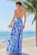 Blue Floral Spaghetti Straps Long Bridesmaid Dress with Slit For Discount