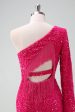 Sparkly Fuchsia One Shoulder Sequin Tight Short Homecoming Dress with Fringe For Sale