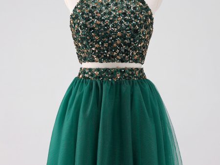 Sparkly A-Line Dark Green Halter Short Homecoming Dress with Sequins Online