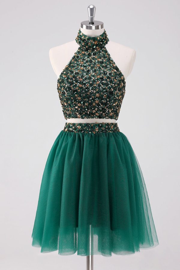 Sparkly A-Line Dark Green Halter Short Homecoming Dress with Sequins Online