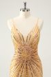 Golden Tight Spaghetti Straps Homecoming Dress with Sequins For Cheap