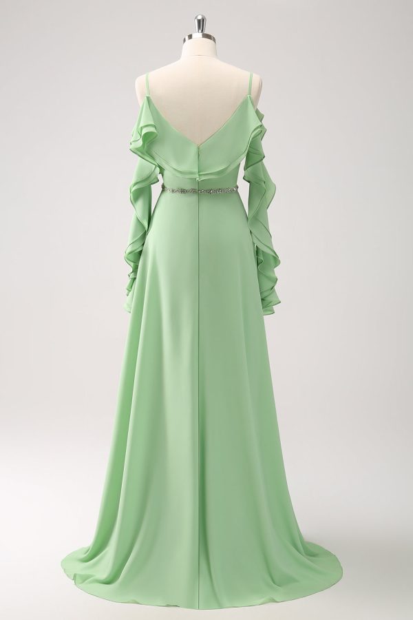 Light Green Cold Shoulder A-Line Chiffon Long Bridesmaid Dress with Ruffles Hot on Sale