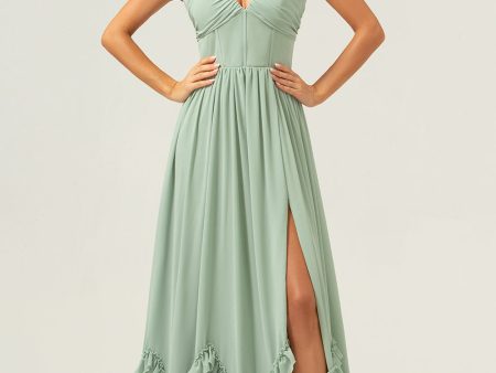 Dusty Sage Halter Corset Ruffled Long Bridesmaid Dress with Slit Discount