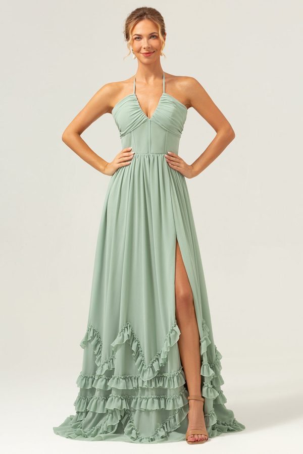 Dusty Sage Halter Corset Ruffled Long Bridesmaid Dress with Slit Discount