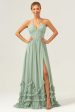 Dusty Sage Halter Corset Ruffled Long Bridesmaid Dress with Slit Discount