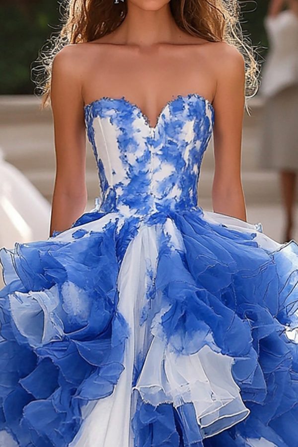 Ball Gown Blue&White Ruffles Corset Sleeveless Long Prom Dress Fashion