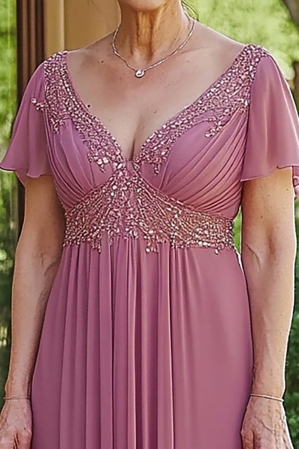 Sparkly Dusty Rose A-Line V Neck Sequined Chiffon Pleats Long Mother of the Bride Dress Online