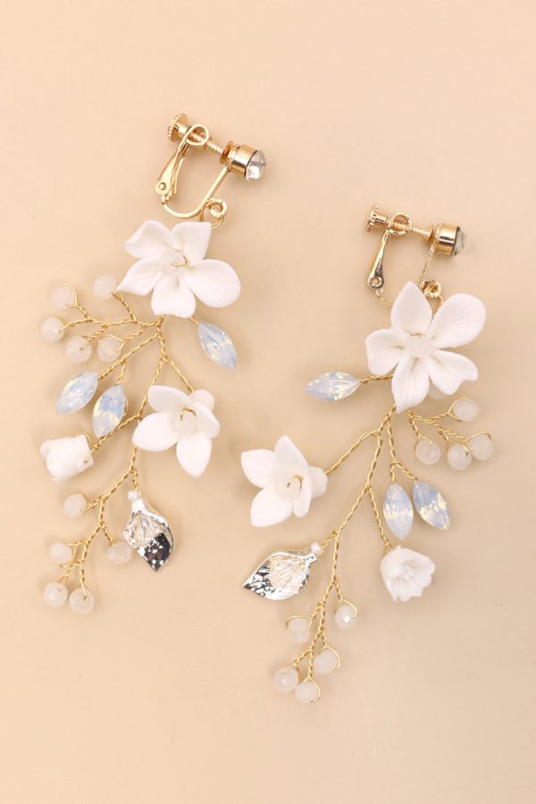 Fairy White Ceramic Flower Bridal Ear Clips For Cheap