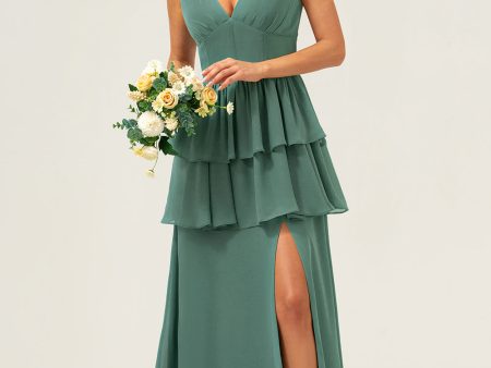 Eucalyptus A Line V Neck Corset Tiered Long Bridesmaid Dress with Slit on Sale