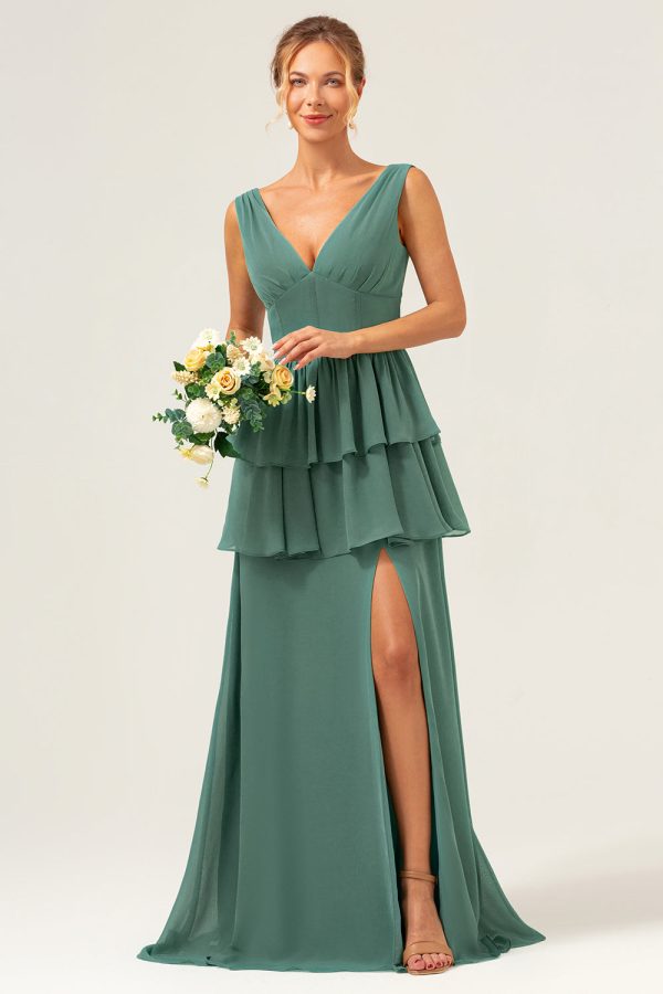 Eucalyptus A Line V Neck Corset Tiered Long Bridesmaid Dress with Slit on Sale